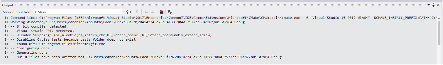 visual studio cmake cache output result