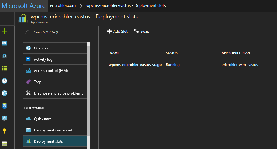 azure web apps deployment slot screen