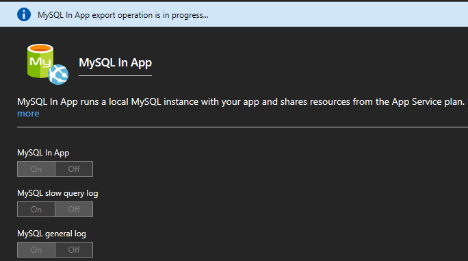 azure mysql in app export screen