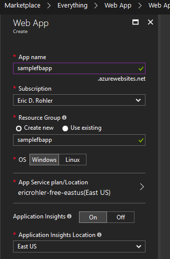 azure create app service form